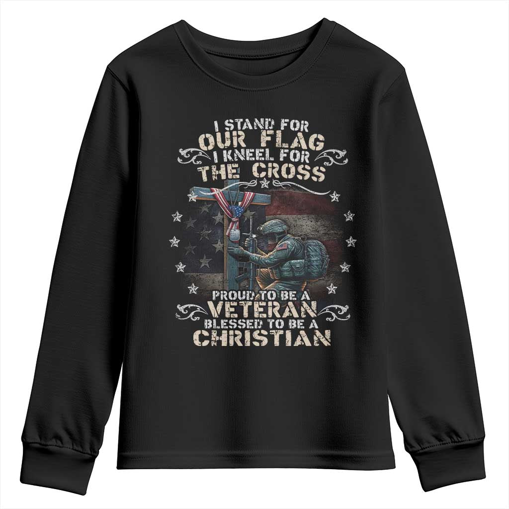 I Stand For Our Flag I Kneel For The Cross Proud Christian Veteran Youth Sweatshirt TS11 Black Print Your Wear