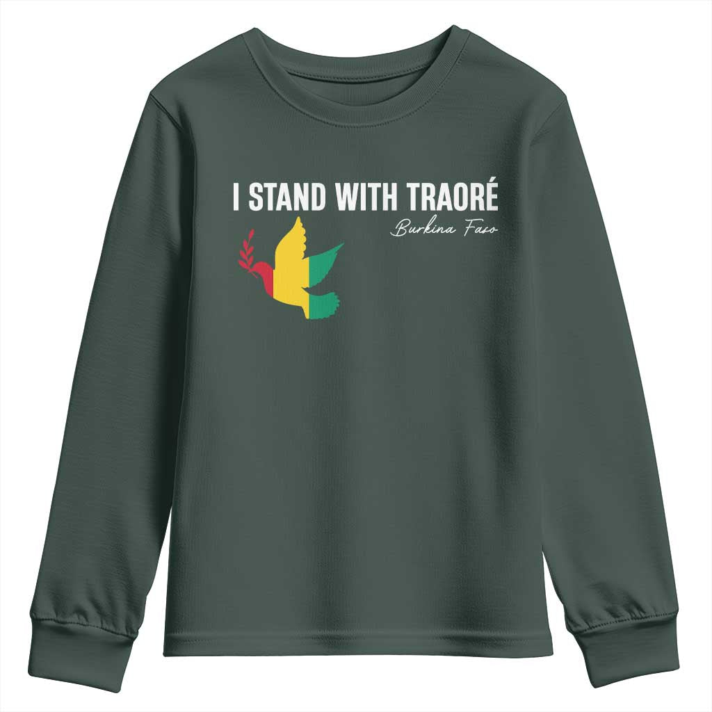I Stand With Traoré Youth Sweatshirt Burkina Faso Peace Dove TS02 Dark Forest Green Print Your Wear