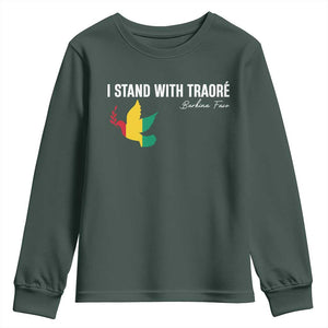 I Stand With Traoré Youth Sweatshirt Burkina Faso Peace Dove TS02 Dark Forest Green Print Your Wear