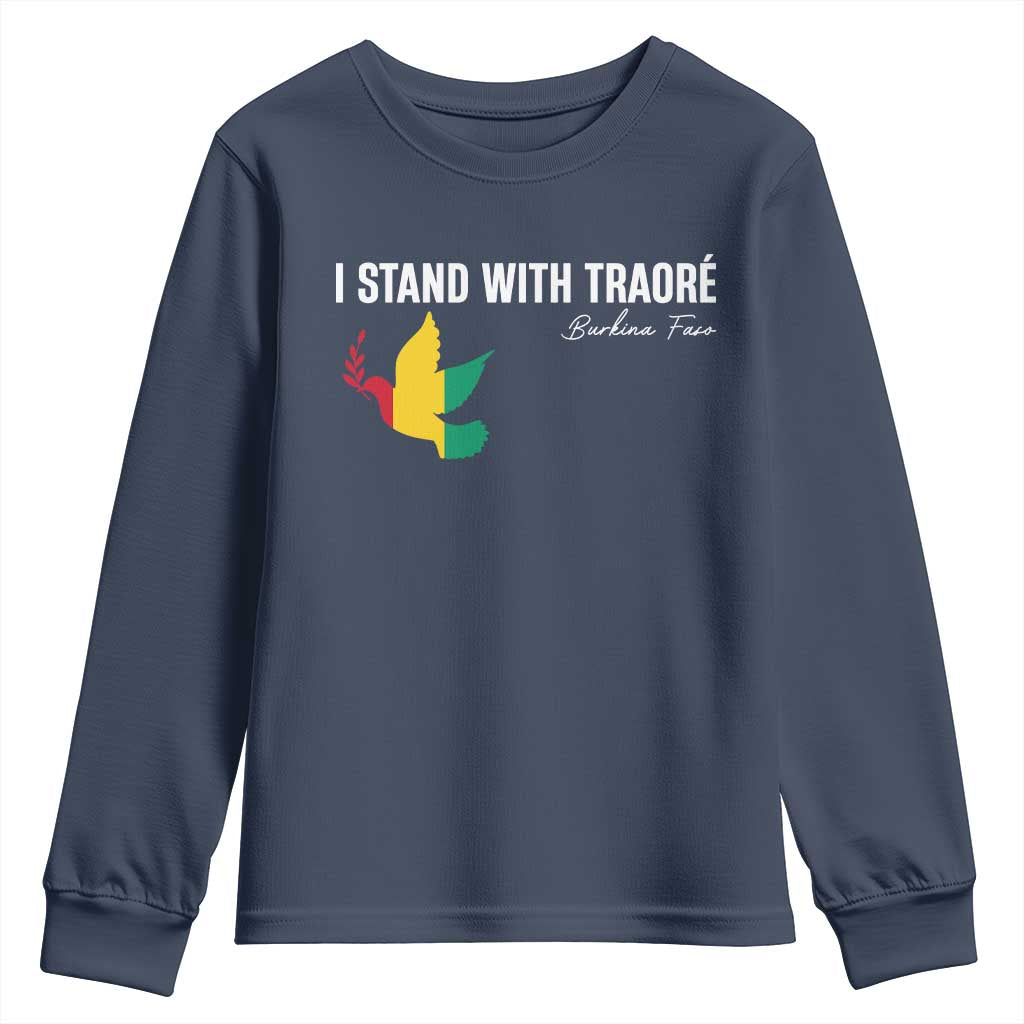 I Stand With Traoré Youth Sweatshirt Burkina Faso Peace Dove TS02 Navy Print Your Wear