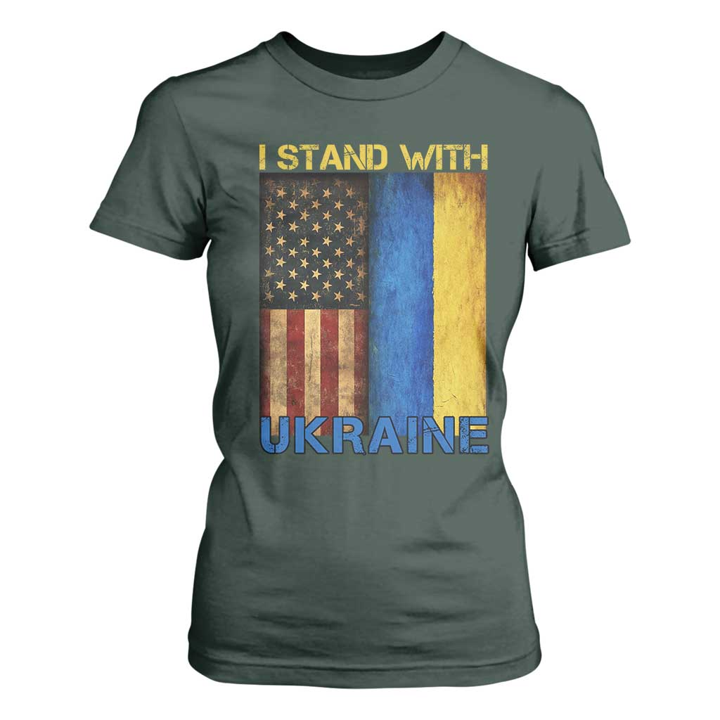 I Stand With Ukraine T Shirt For Women Ukrainian American Flag TS02 Dark Forest Green Print Your Wear