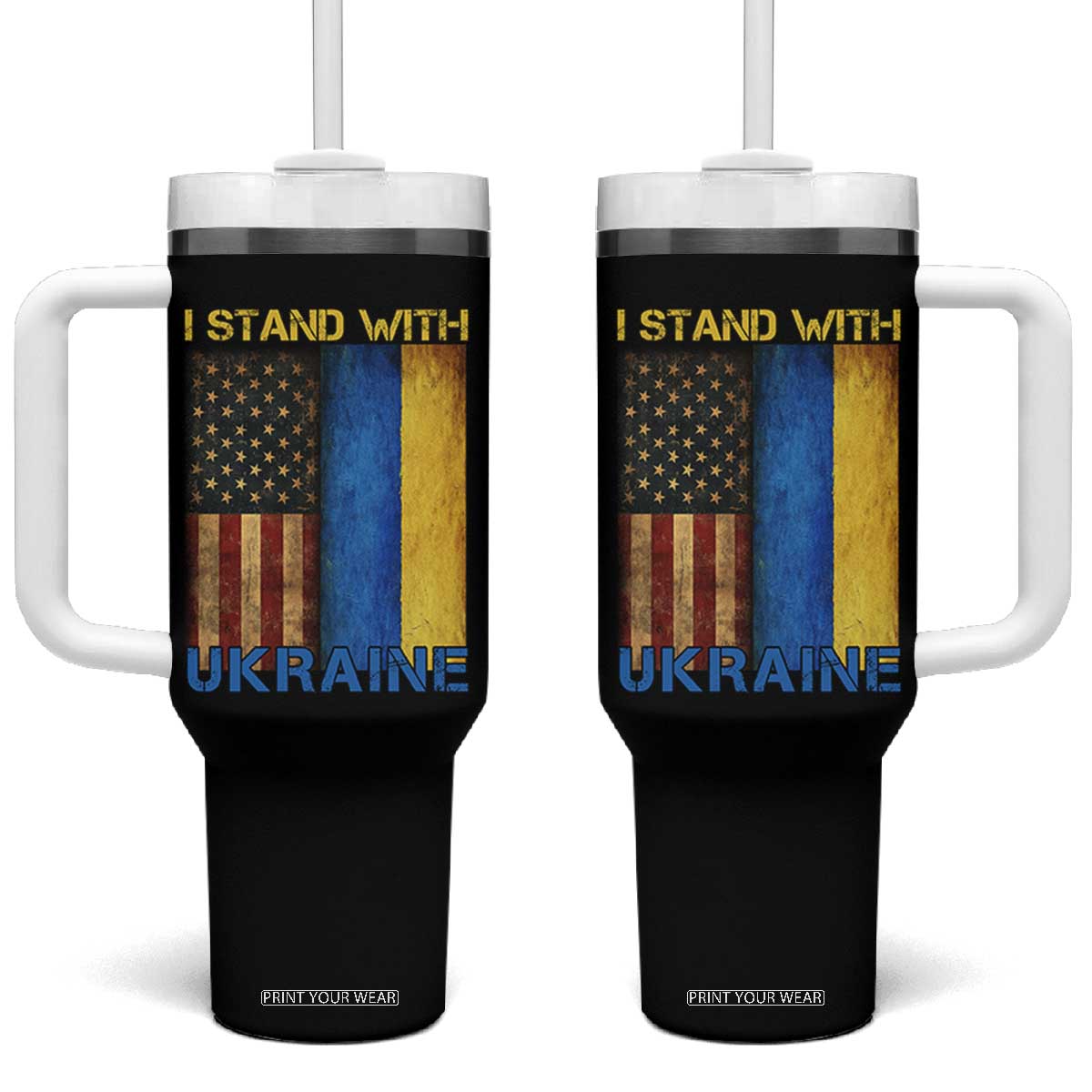 I Stand With Ukraine Tumbler With Handle Ukrainian American Flag TS02 One Size: 40 oz Black Print Your Wear