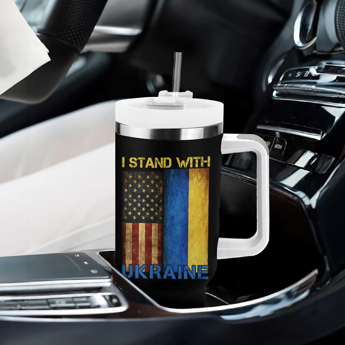 I Stand With Ukraine Tumbler With Handle Ukrainian American Flag TS02 Print Your Wear