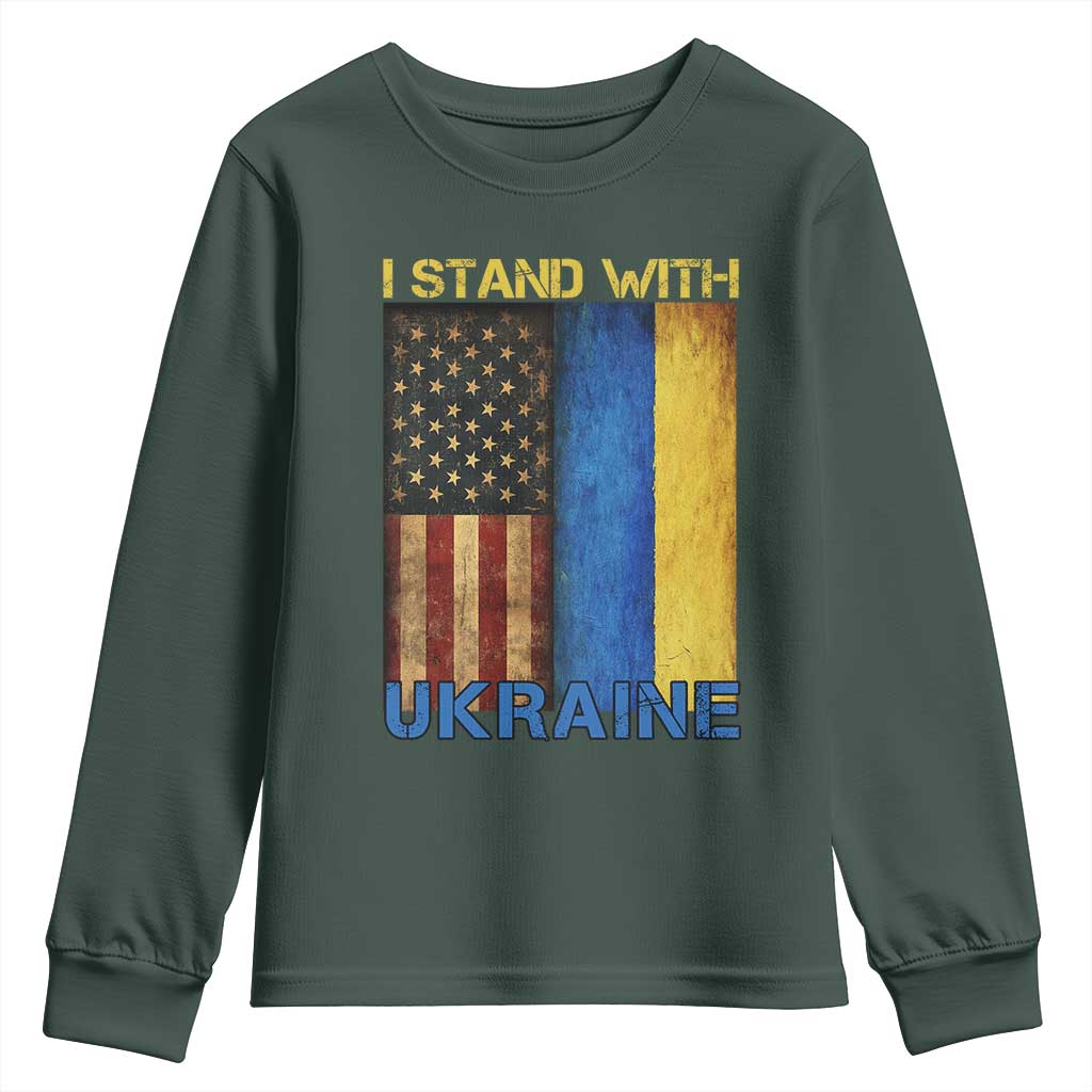 I Stand With Ukraine Youth Sweatshirt Ukrainian American Flag TS02 Dark Forest Green Print Your Wear