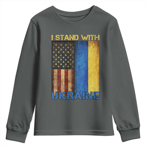 I Stand With Ukraine Youth Sweatshirt Ukrainian American Flag TS02 Dark Heather Print Your Wear