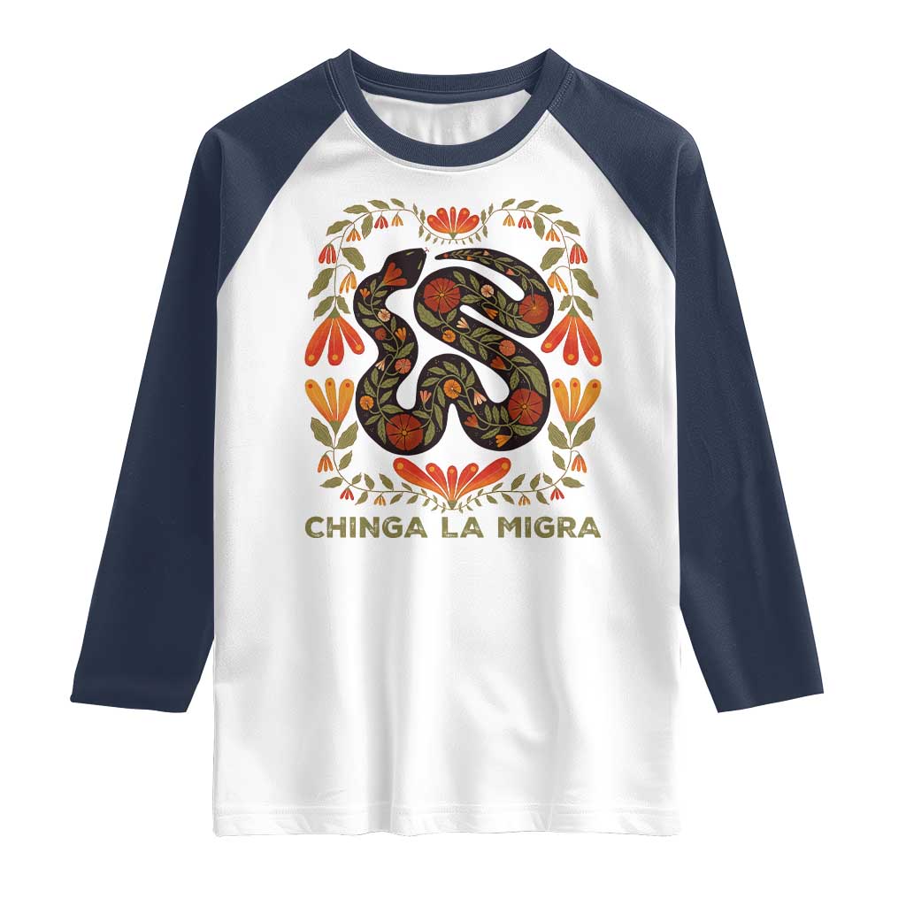 Immigrant Rights Raglan Shirt Chinga La Migra TS10 White Navy Print Your Wear