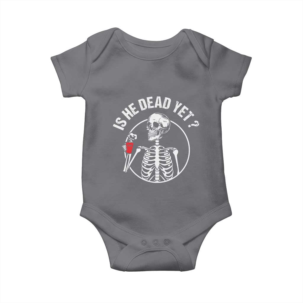 Is He Dead Yet Subtle FDT Baby Onesie Funny Skeleton Drinking Coffee TS02 Charcoal Print Your Wear