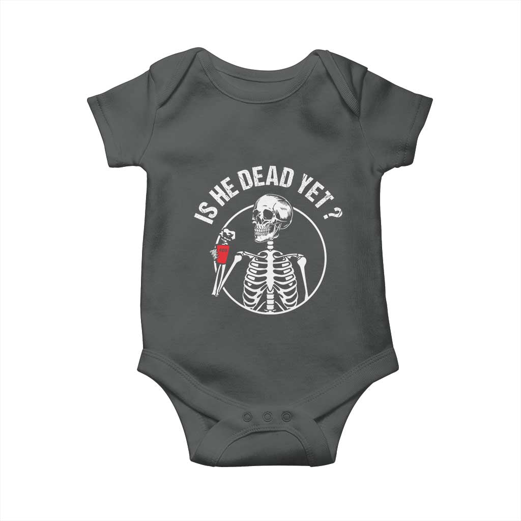 Is He Dead Yet Subtle FDT Baby Onesie Funny Skeleton Drinking Coffee TS02 Dark Heather Print Your Wear