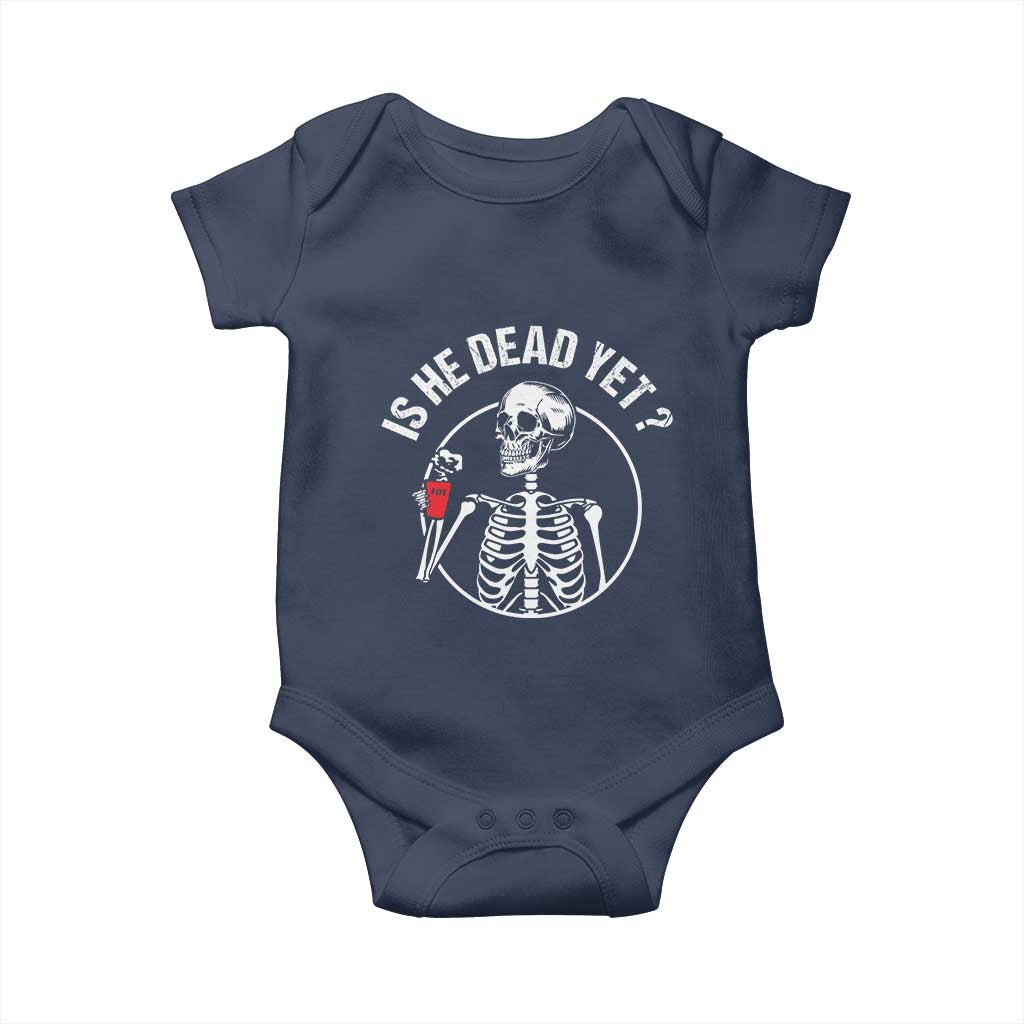 Is He Dead Yet Subtle FDT Baby Onesie Funny Skeleton Drinking Coffee TS02 Navy Print Your Wear
