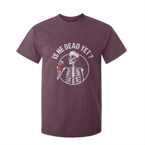 Is He Dead Yet Subtle FDT T Shirt For Kid Funny Skeleton Drinking Coffee TS02 Maroon Print Your Wear