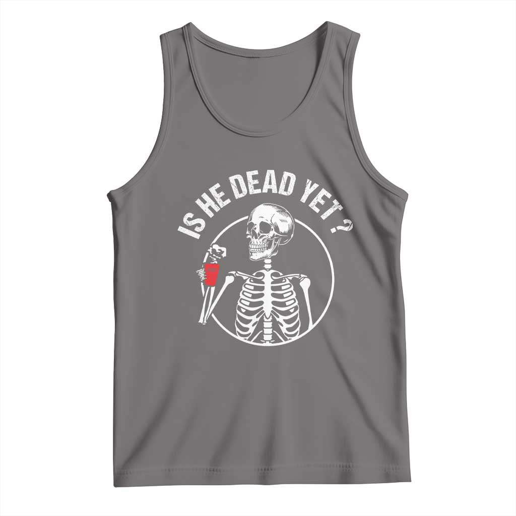 Is He Dead Yet Subtle FDT Tank Top Funny Skeleton Drinking Coffee TS02 Deep Heather Print Your Wear