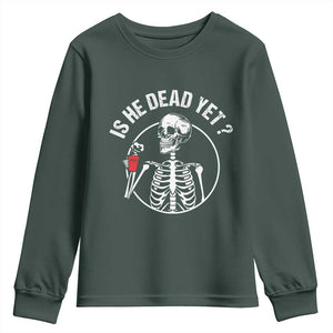 Is He Dead Yet Subtle FDT Youth Sweatshirt Funny Skeleton Drinking Coffee TS02 Dark Forest Green Print Your Wear