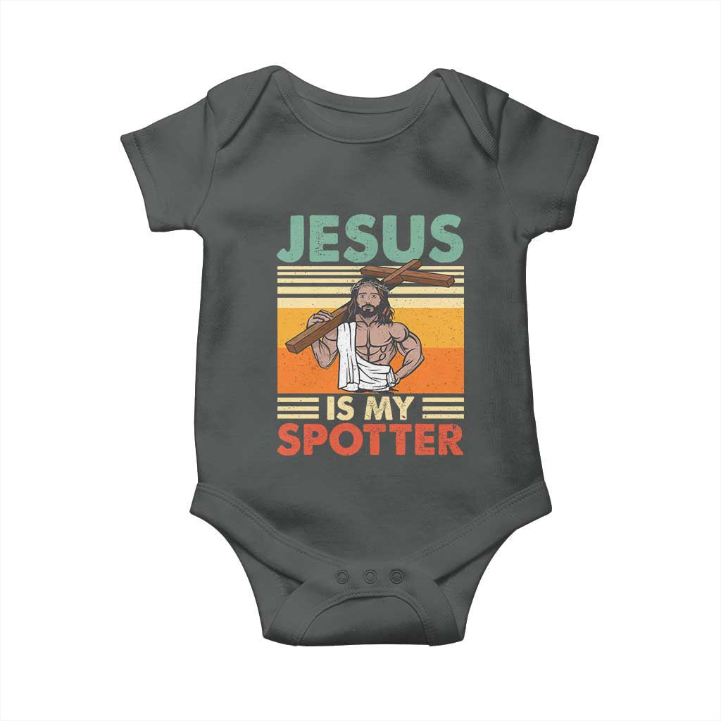 Jesus Is My Spotter Baby Onesie Funny Gym Christian Fitness TS02 Dark Heather Print Your Wear