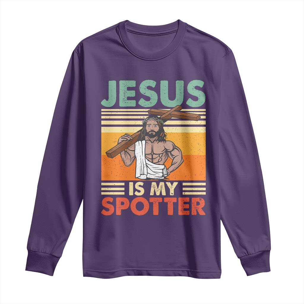 Jesus Is My Spotter Long Sleeve Shirt Funny Gym Christian Fitness TS02 Purple Print Your Wear