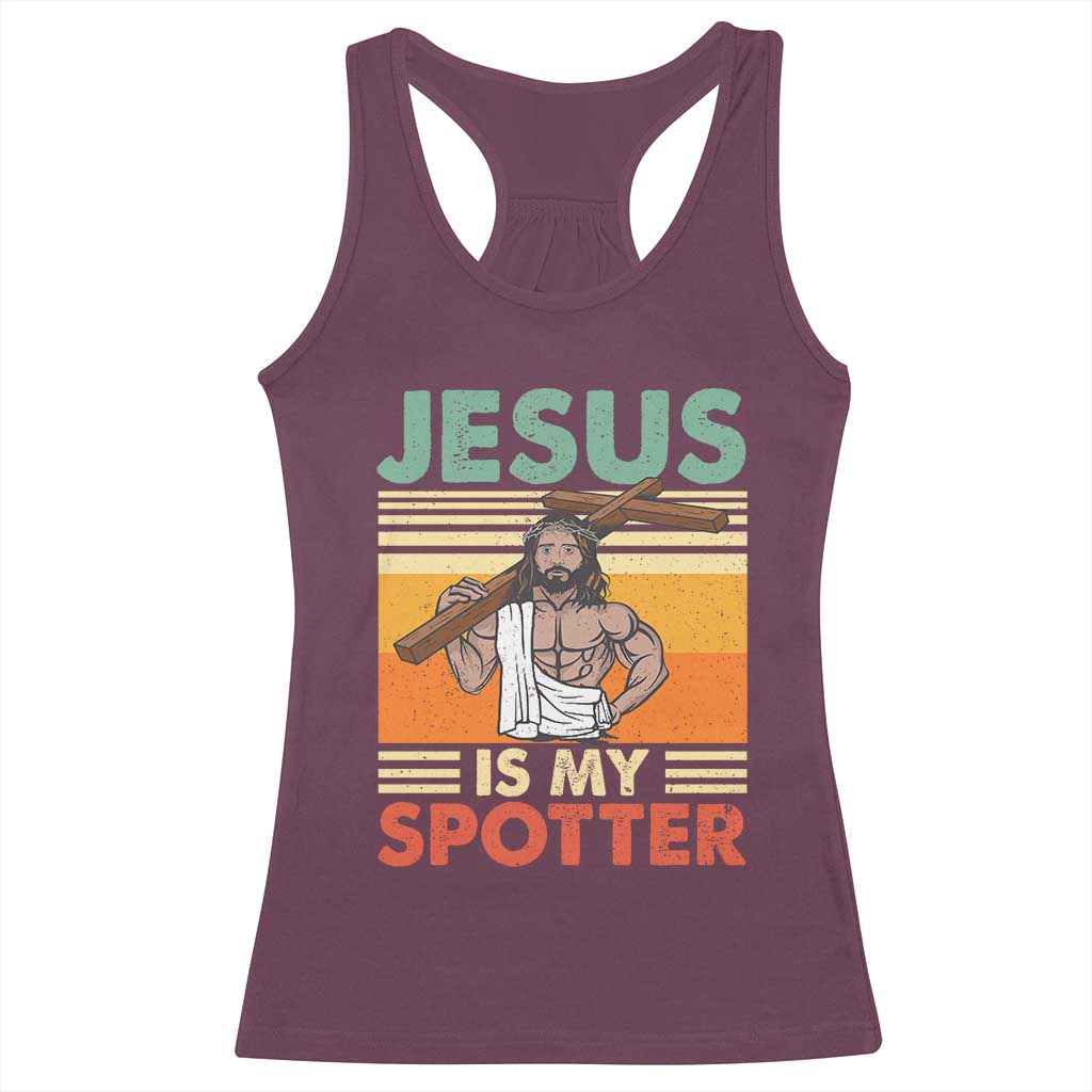 Jesus Is My Spotter Racerback Tank Top Funny Gym Christian Fitness TS02 Maroon Print Your Wear