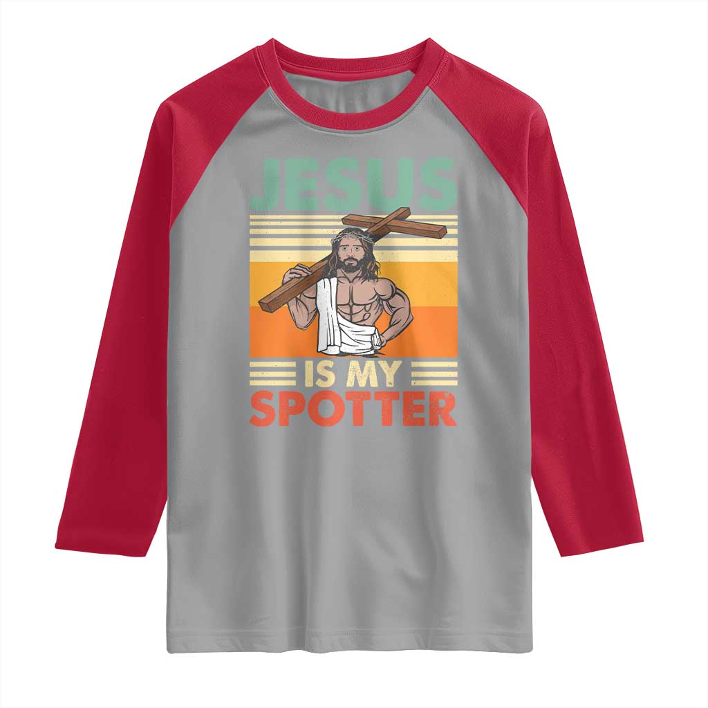 Jesus Is My Spotter Raglan Shirt Funny Gym Christian Fitness TS02 Sport Gray Red Print Your Wear