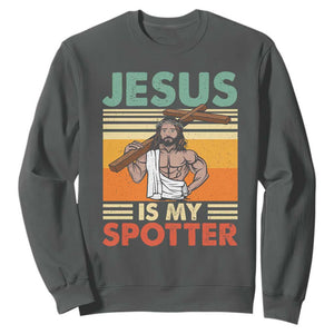 Jesus Is My Spotter Sweatshirt Funny Gym Christian Fitness TS02 Dark Heather Print Your Wear