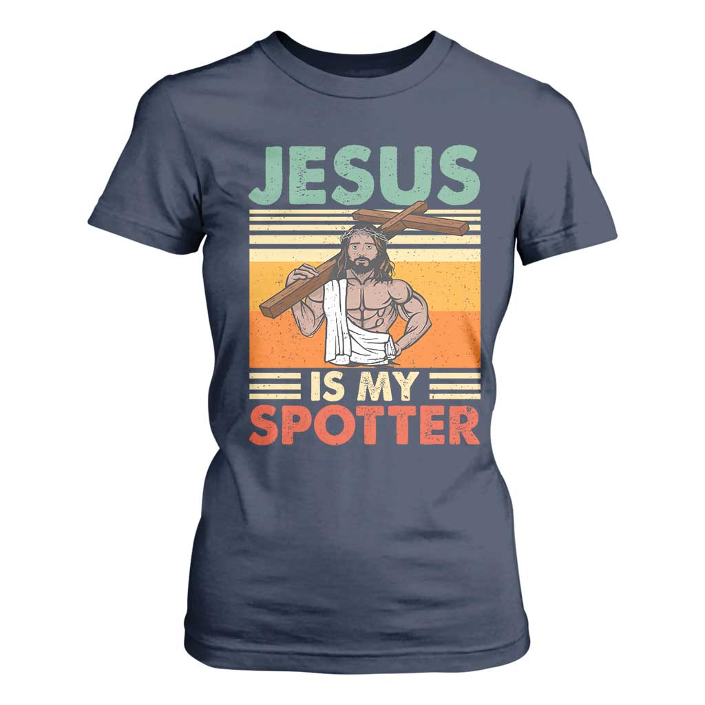 Jesus Is My Spotter T Shirt For Women Funny Gym Christian Fitness TS02 Navy Print Your Wear