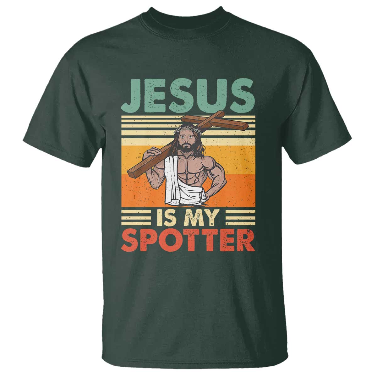 Jesus Is My Spotter T Shirt Funny Gym Christian Fitness TS02 Dark Forest Green Print Your Wear