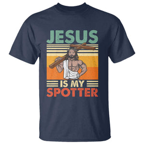 Jesus Is My Spotter T Shirt Funny Gym Christian Fitness TS02 Navy Print Your Wear