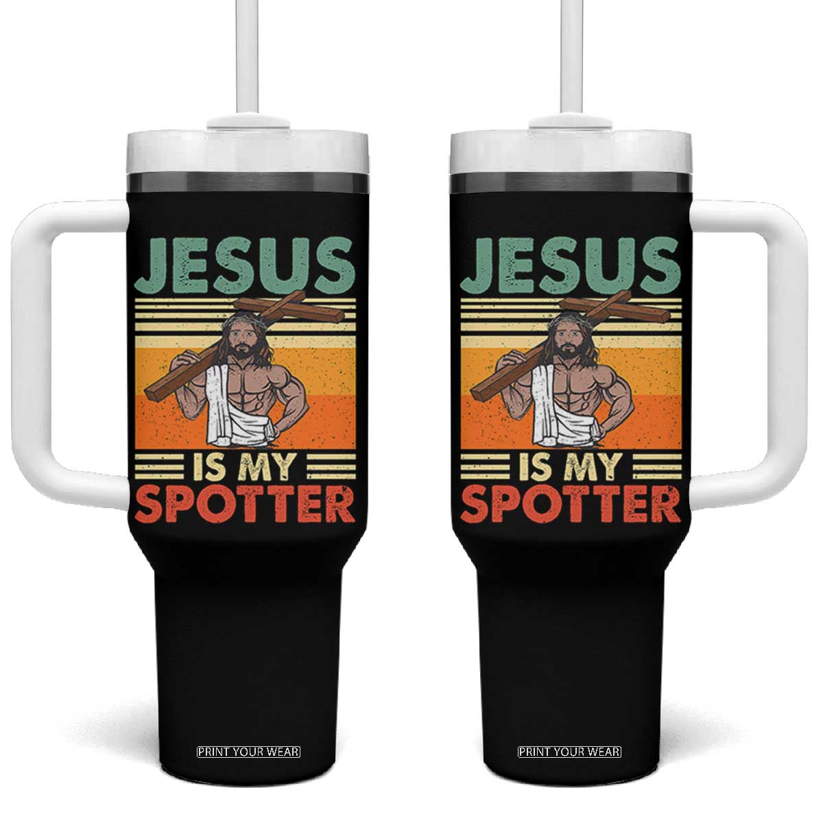 Jesus Is My Spotter Tumbler With Handle Funny Gym Christian Fitness TS02 One Size: 40 oz Black Print Your Wear