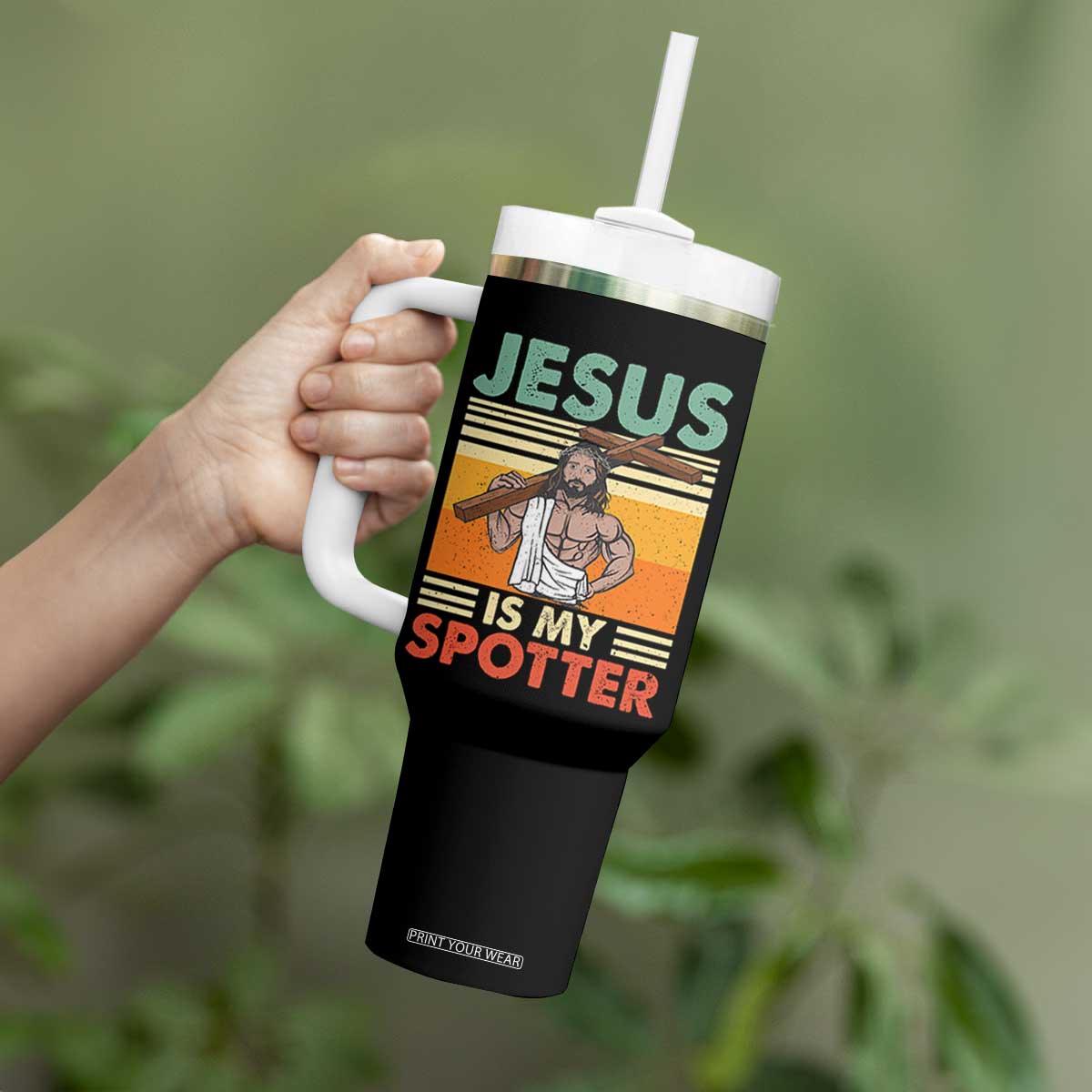 Jesus Is My Spotter Tumbler With Handle Funny Gym Christian Fitness TS02 Print Your Wear