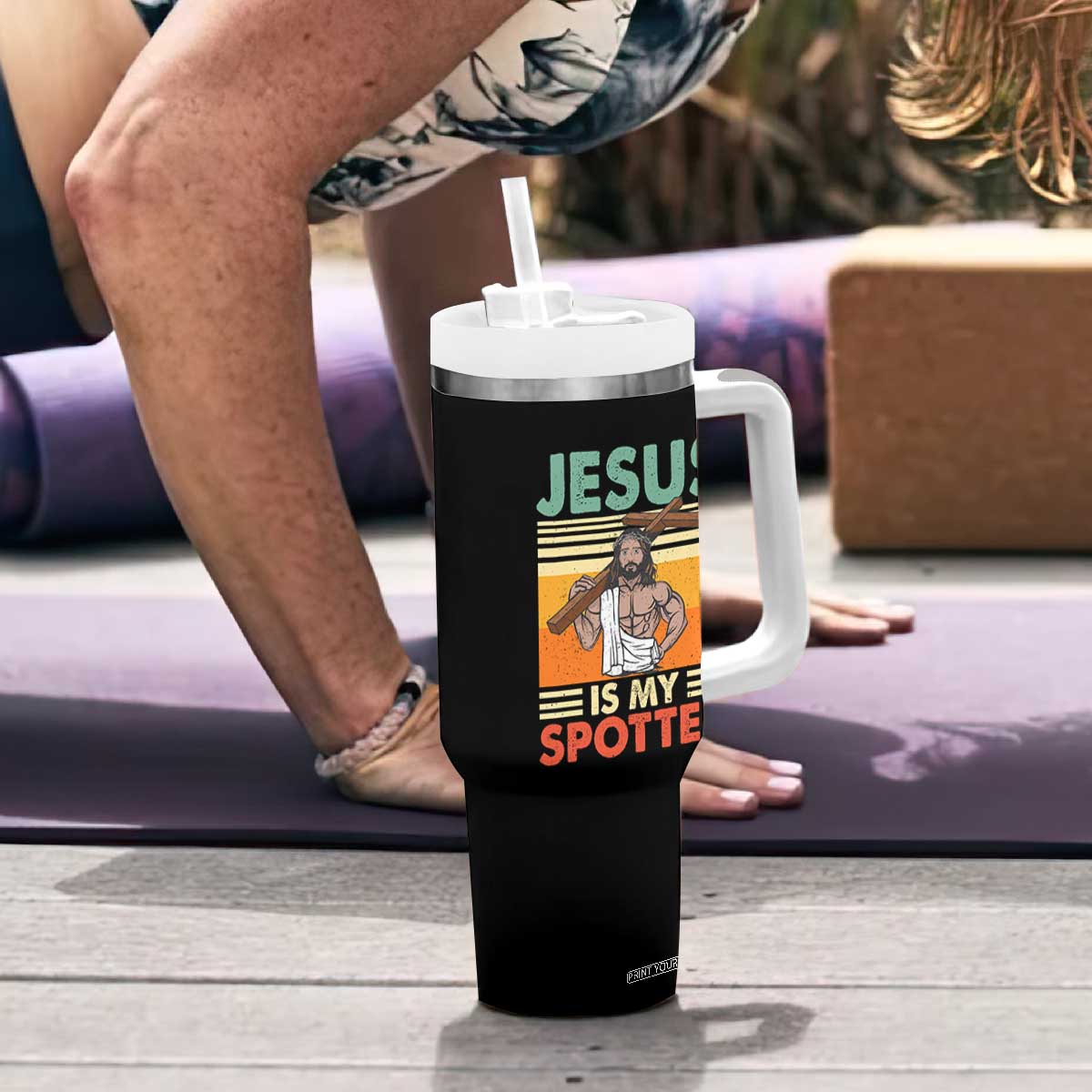 Jesus Is My Spotter Tumbler With Handle Funny Gym Christian Fitness TS02 Print Your Wear
