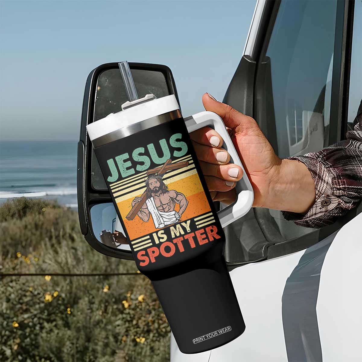 Jesus Is My Spotter Tumbler With Handle Funny Gym Christian Fitness TS02 Print Your Wear
