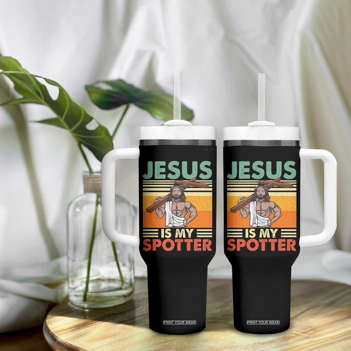 Jesus Is My Spotter Tumbler With Handle Funny Gym Christian Fitness TS02 Print Your Wear