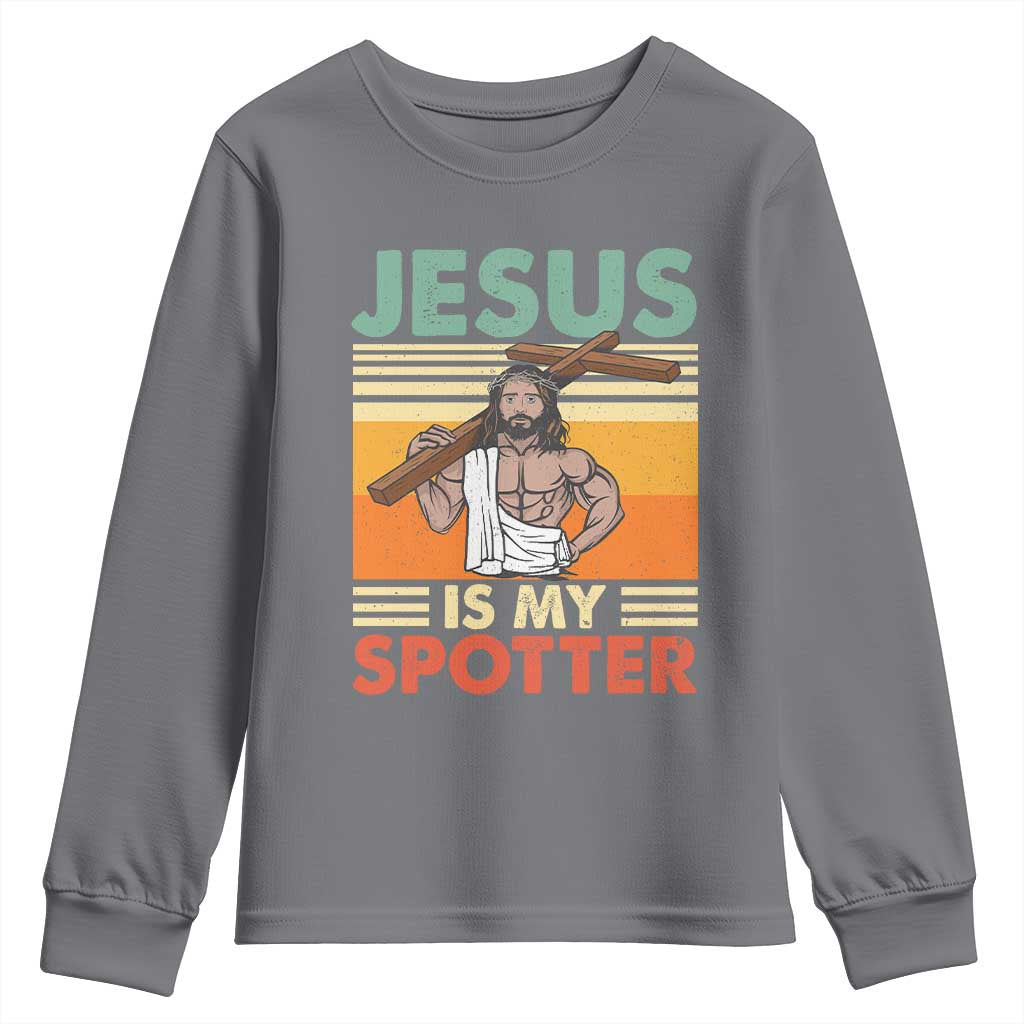 Jesus Is My Spotter Youth Sweatshirt Funny Gym Christian Fitness TS02 Charcoal Print Your Wear