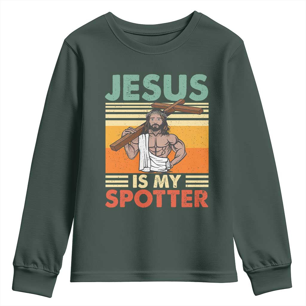 Jesus Is My Spotter Youth Sweatshirt Funny Gym Christian Fitness TS02 Dark Forest Green Print Your Wear