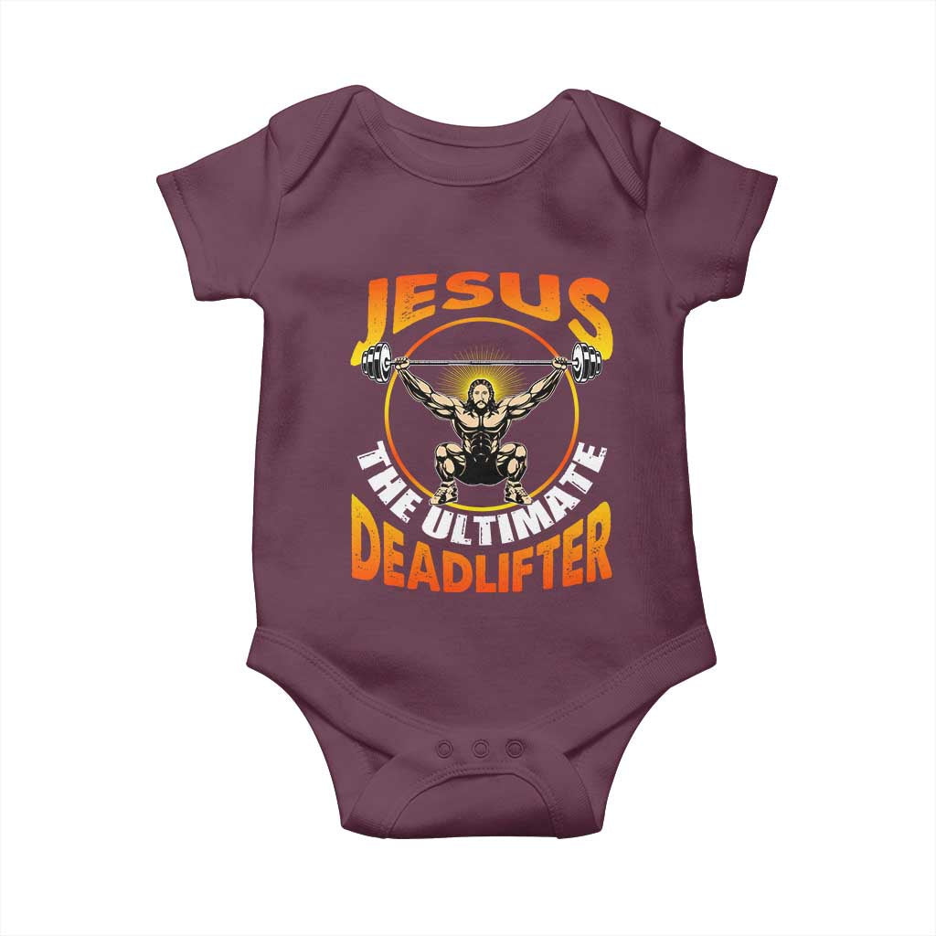 Jesus The Ultimate Deadlifter Baby Onesie Funny Jesus Workout Motivation Bodybuilding Fitness TS02 Maroon Print Your Wear