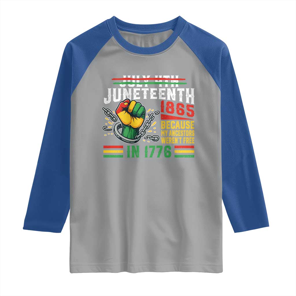Juneteenth 1865 Because My Ancestors Weren't Free In 1776 Raglan Shirt Break The Chains TS11 Sport Gray Royal Print Your Wear