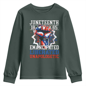 Juneteenth 1865 Emancipated Liberated Unapologetic Youth Sweatshirt Hand Fist Juneteenth Flag TS11 Dark Forest Green Print Your Wear