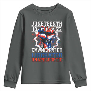 Juneteenth 1865 Emancipated Liberated Unapologetic Youth Sweatshirt Hand Fist Juneteenth Flag TS11 Dark Heather Print Your Wear