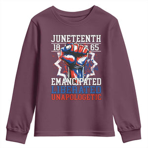 Juneteenth 1865 Emancipated Liberated Unapologetic Youth Sweatshirt Hand Fist Juneteenth Flag TS11 Maroon Print Your Wear