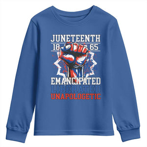Juneteenth 1865 Emancipated Liberated Unapologetic Youth Sweatshirt Hand Fist Juneteenth Flag TS11 Royal Blue Print Your Wear