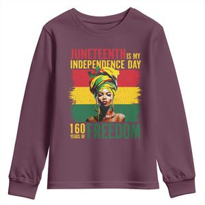 Juneteenth Is My Independence Day 160 Years Of Freedom Youth Sweatshirt TS11 Maroon Print Your Wear
