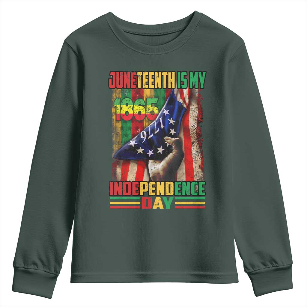 Juneteenth Is My Independence Day Youth Sweatshirt Black Pride American Flag TS11 Dark Forest Green Print Your Wear