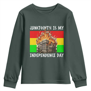 Juneteenth Is My Independence Day Youth Sweatshirt Bold Afro Liberation Pan-African Flag TS02 Dark Forest Green Print Your Wear
