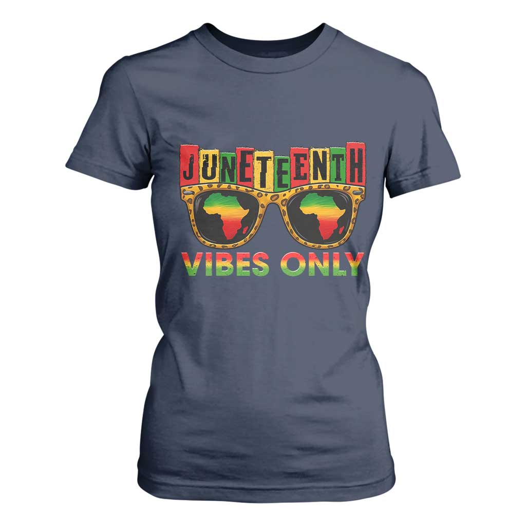 Juneteenth Vibes Only T Shirt For Women Afro Pride Sunglasses Black History Celebration TS02 Navy Print Your Wear