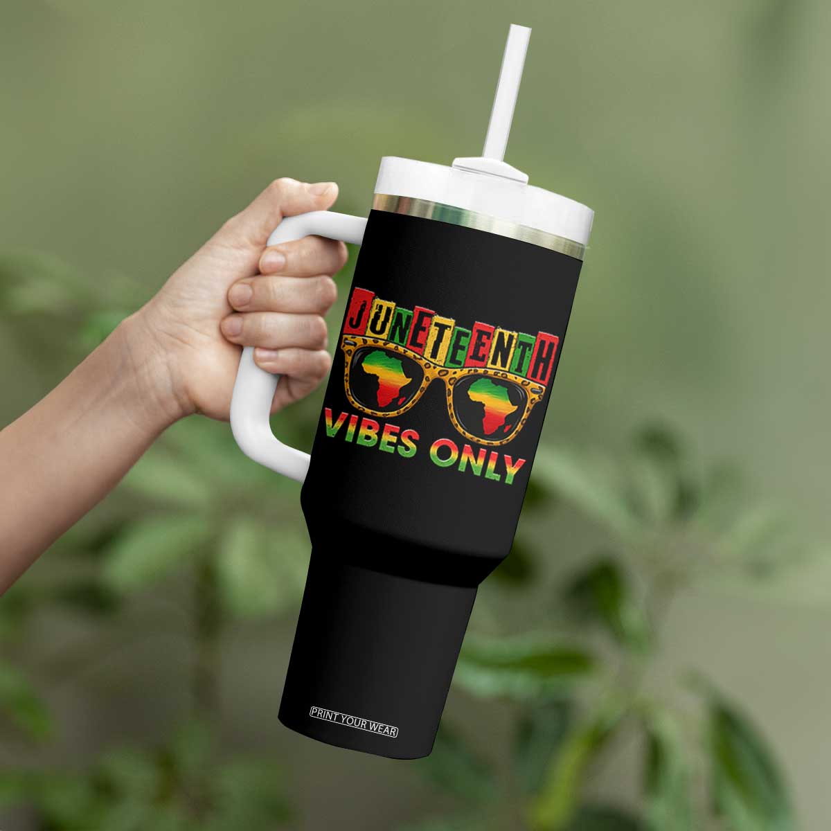 Juneteenth Vibes Only Tumbler With Handle Afro Pride Sunglasses Black History Celebration TS02 Print Your Wear