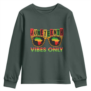 Juneteenth Vibes Only Youth Sweatshirt Afro Pride Sunglasses Black History Celebration TS02 Dark Forest Green Print Your Wear