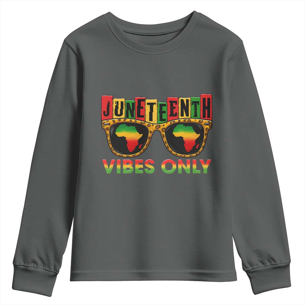Juneteenth Vibes Only Youth Sweatshirt Afro Pride Sunglasses Black History Celebration TS02 Dark Heather Print Your Wear