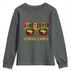 Juneteenth Vibes Only Youth Sweatshirt Afro Pride Sunglasses Black History Celebration TS02 Dark Heather Print Your Wear