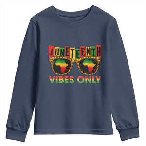 Juneteenth Vibes Only Youth Sweatshirt Afro Pride Sunglasses Black History Celebration TS02 Navy Print Your Wear