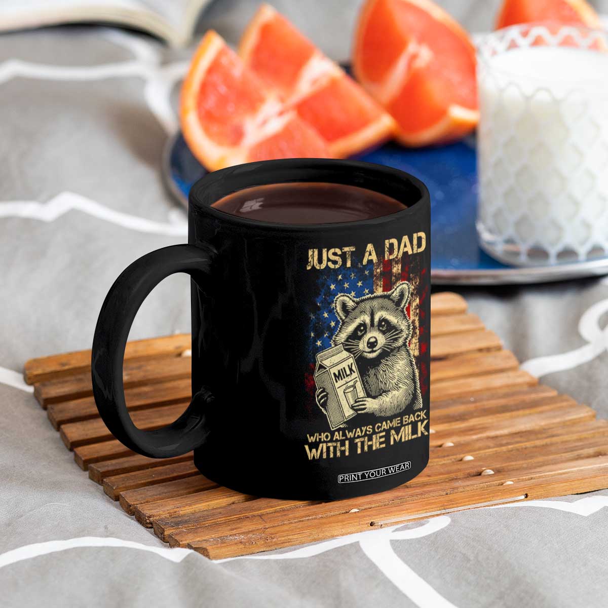 Just A Dad Who Always Came Back With The Milk Coffee Mug Raccoon American Flag Father's Day TS10 Print Your Wear