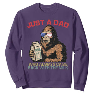 Just A Dad Who Always Came Back With The Milk Sweatshirt Funny Fathers Day Bigfoot Sasquatch Lovers TS10 Purple Print Your Wear