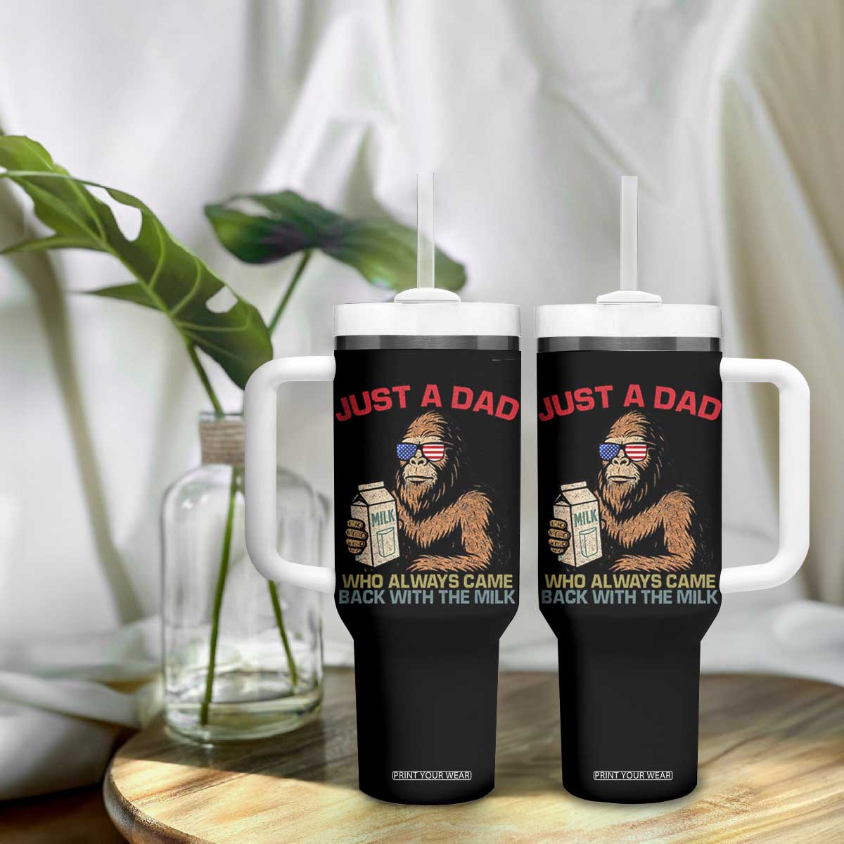 Just A Dad Who Always Came Back With The Milk Tumbler With Handle Funny Fathers Day Bigfoot Sasquatch Lovers TS10 Print Your Wear