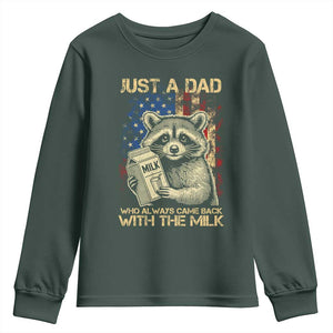 Just A Dad Who Always Came Back With The Milk Youth Sweatshirt Raccoon American Flag Father's Day TS10 Dark Forest Green Print Your Wear